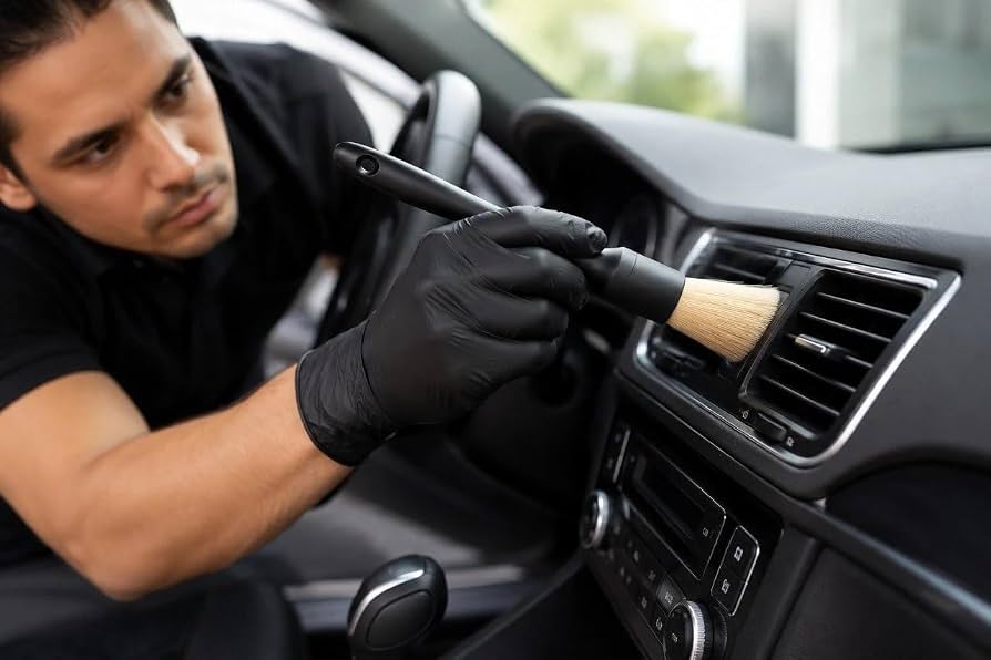 Professional cleaning the air vents inside a car